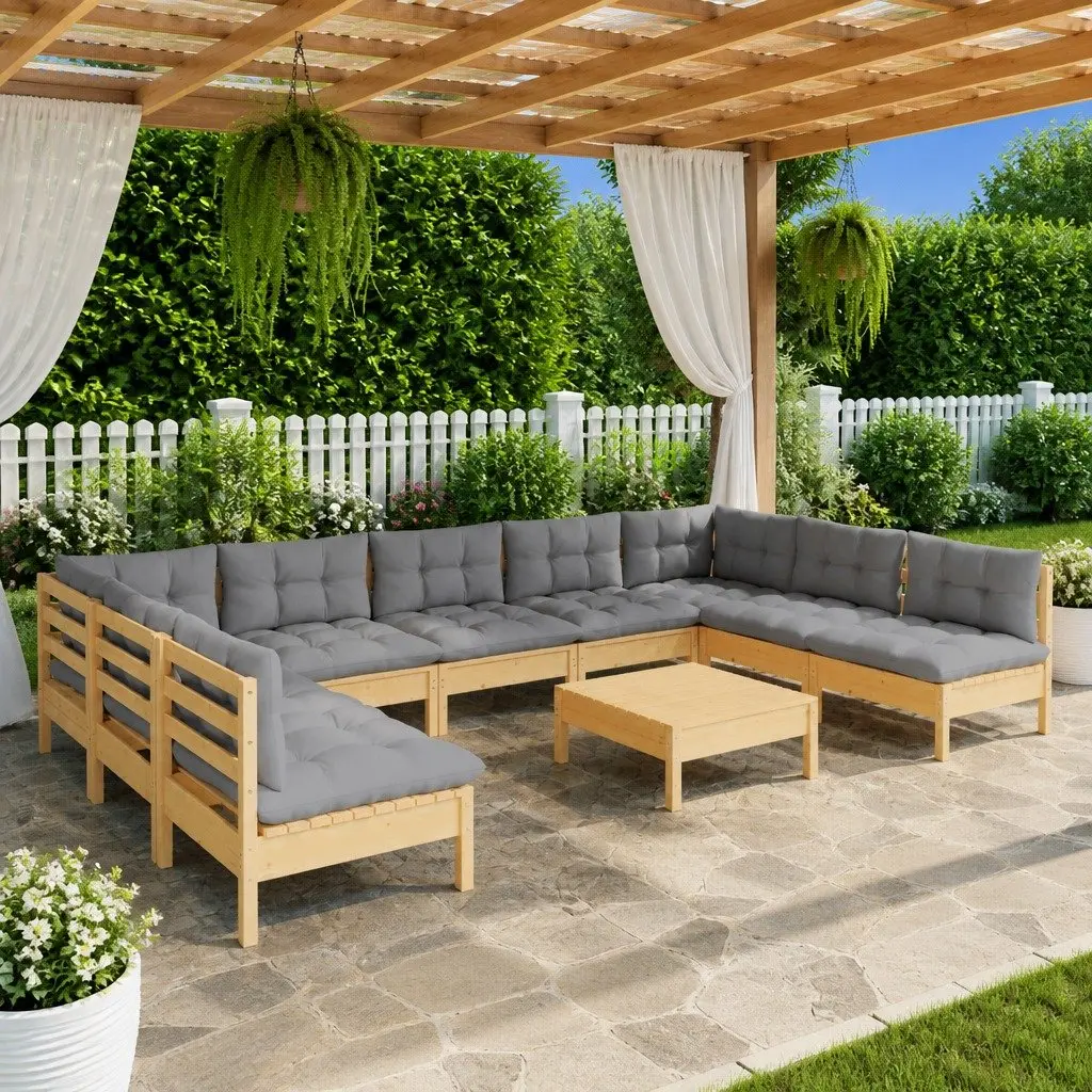 10-Piece Modular Garden Lounge Set with Grey Cushions
