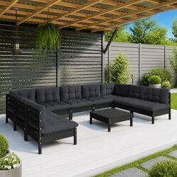 10-Piece Black Pinewood Garden Lounge Set with Cushions
