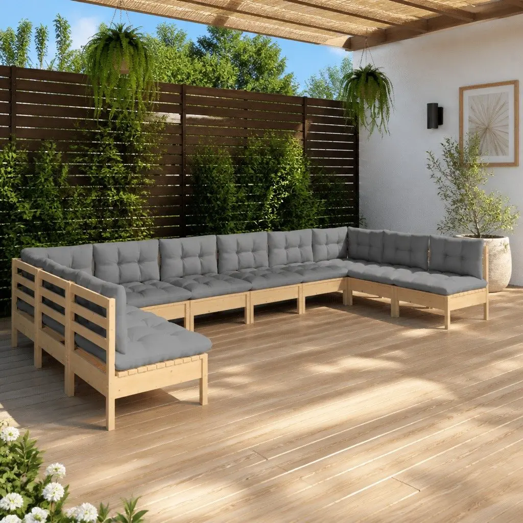 Solid Pinewood 10-Piece Garden Lounge Set with Grey Cushions