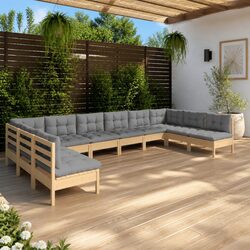 Solid Pinewood 10-Piece Garden Lounge Set with Grey Cushions