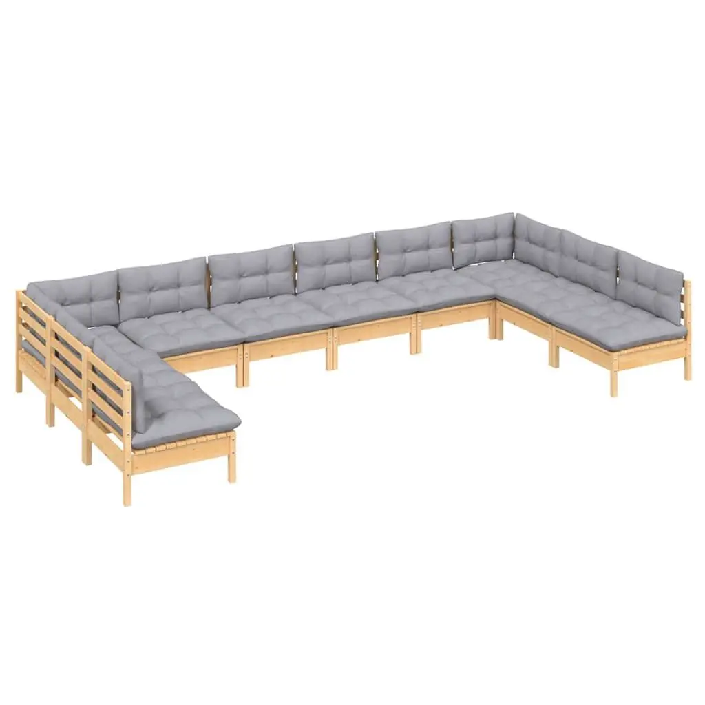 Solid Pinewood 10-Piece Garden Lounge Set with Grey Cushions