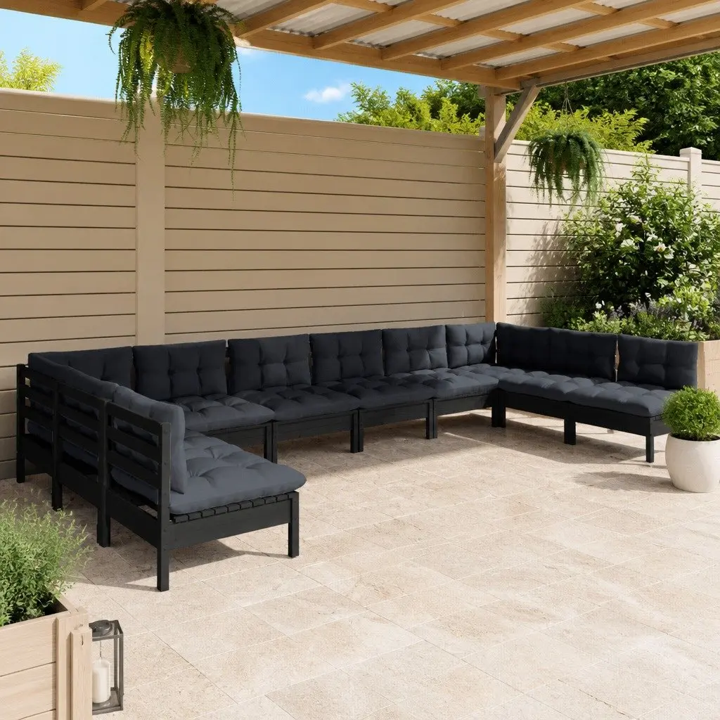 10 Piece Black Pinewood Garden Lounge Set