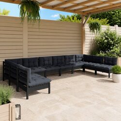 High-Quality 10 Piece Black Pinewood Garden Lounge Set
