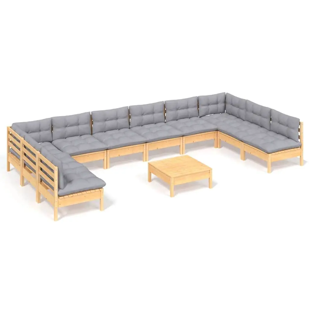 Garden Lounge Set Solid Pinewood 11 Piece Outdoor Patio Furniture Grey Cushions
