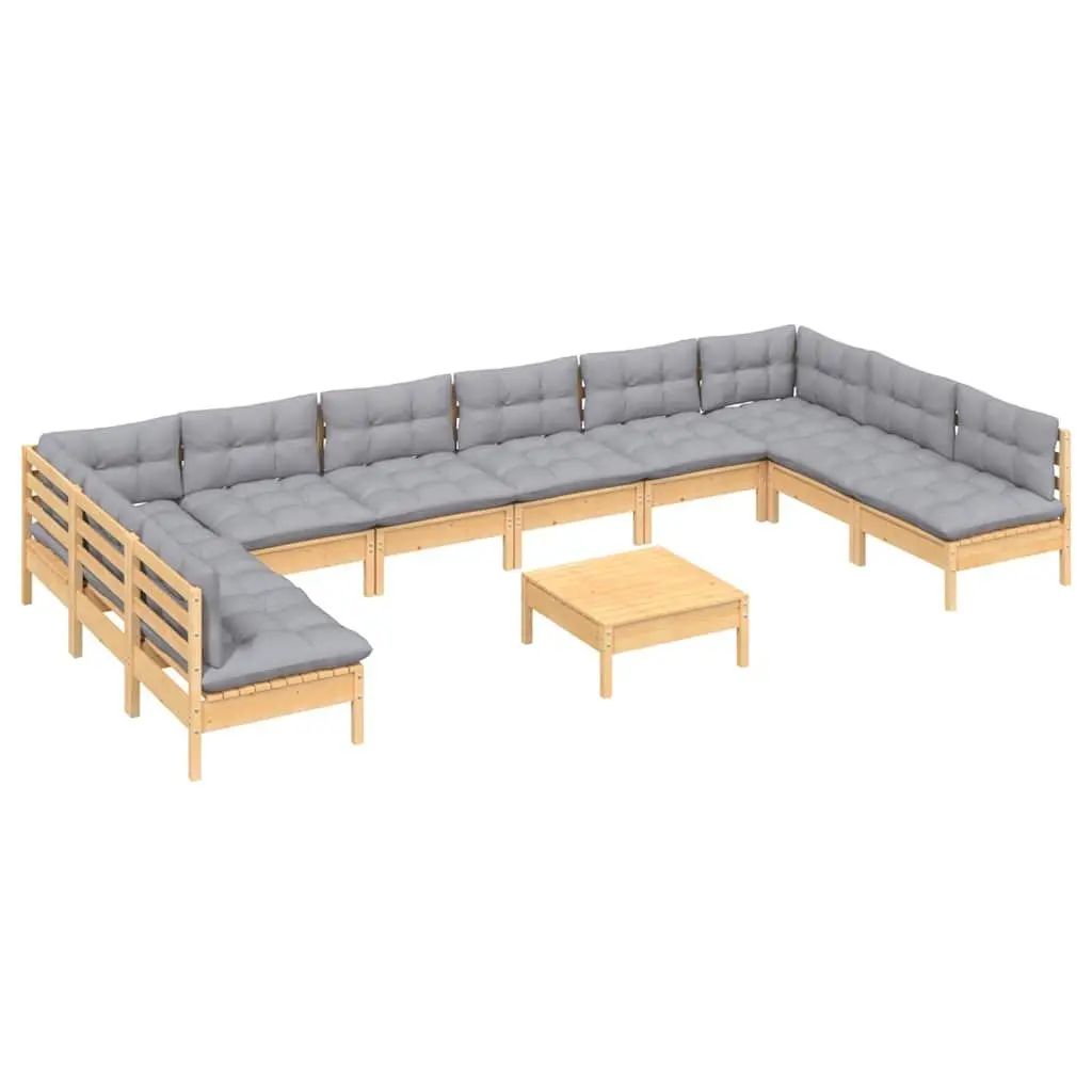 Garden Lounge Set Solid Pinewood 11 Piece Outdoor Patio Furniture Grey Cushions