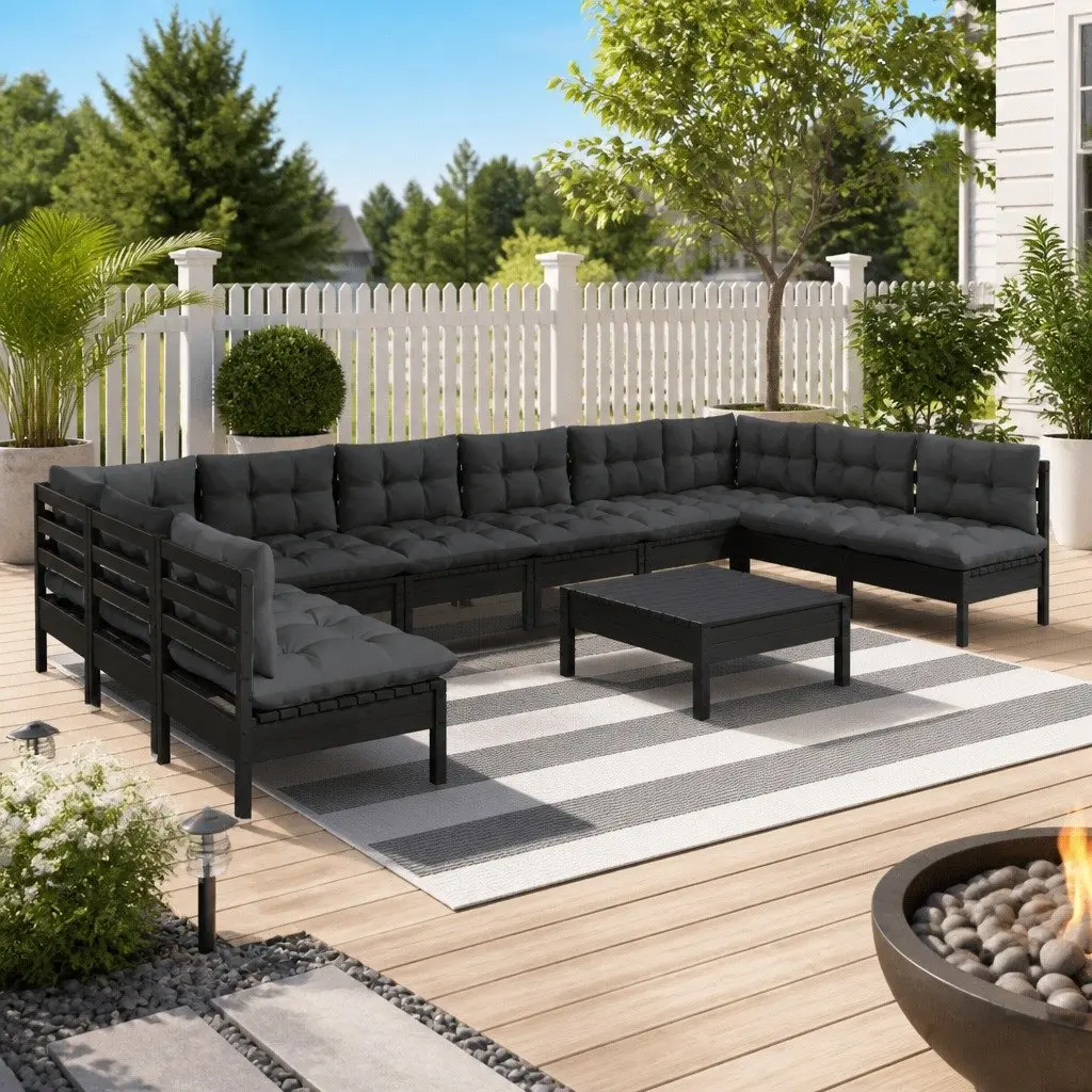 Black 11-Piece Modular Garden Lounge Set for Outdoor Comfort