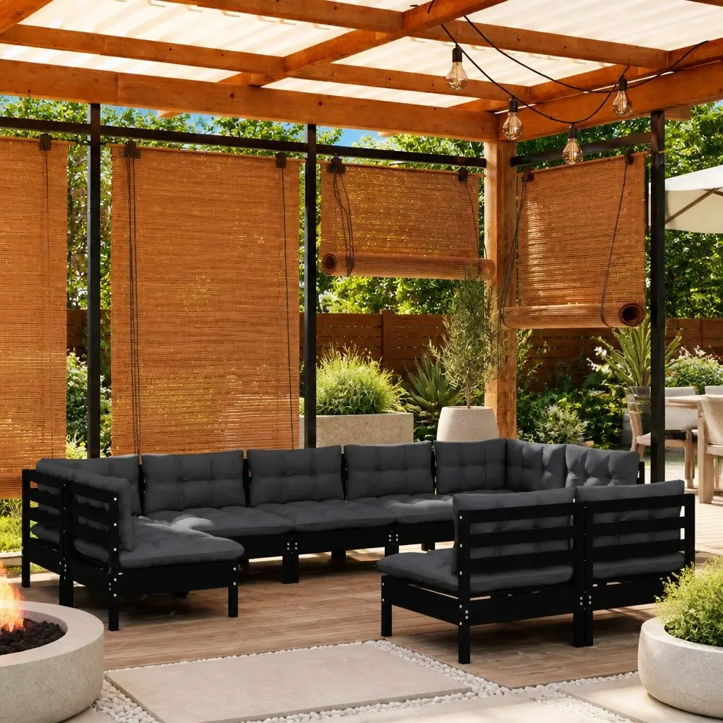 9 Piece Garden Lounge Set Solid Pinewood Black with Cushions