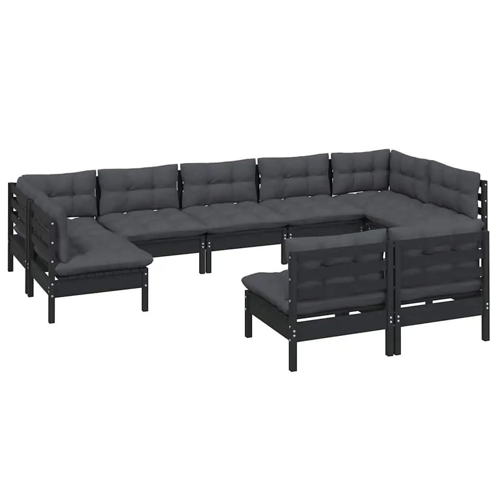 9 Piece Garden Lounge Set Solid Pinewood Black with Cushions