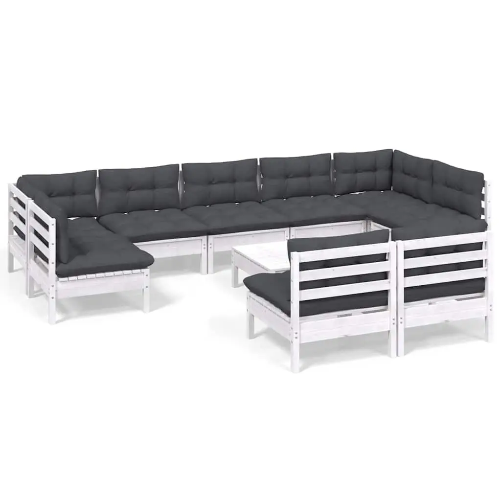 Garden Lounge Set Solid Pinewood 10 Piece Outdoor Patio Furniture White with Cushions Modular