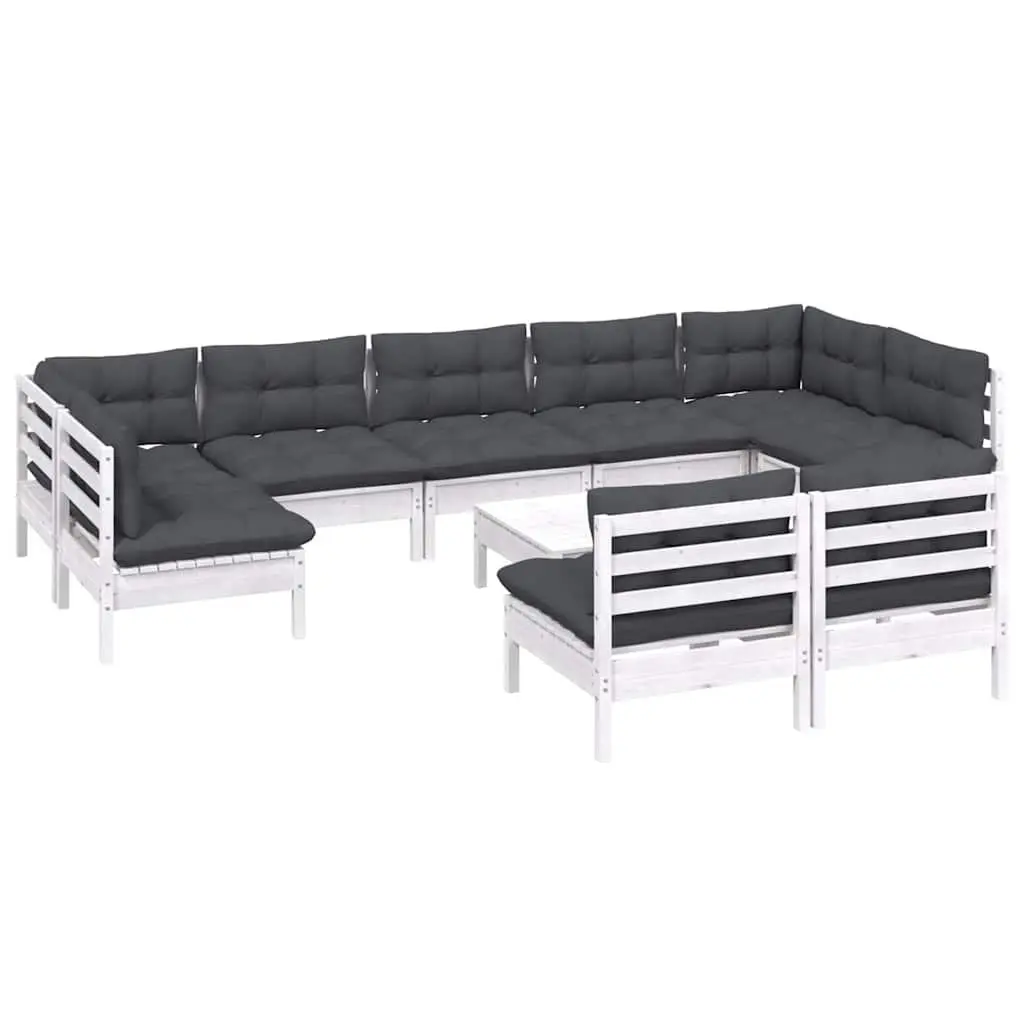 Garden Lounge Set Solid Pinewood 10 Piece Outdoor Patio Furniture White with Cushions Modular