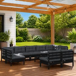 Black Solid Pinewood 10-Piece Garden Lounge Set