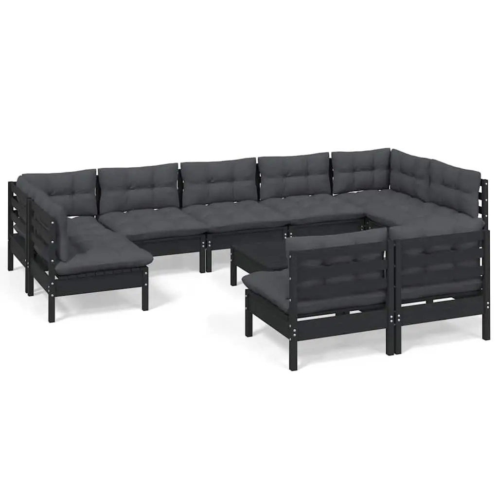Black Solid Pinewood 10-Piece Garden Lounge Set