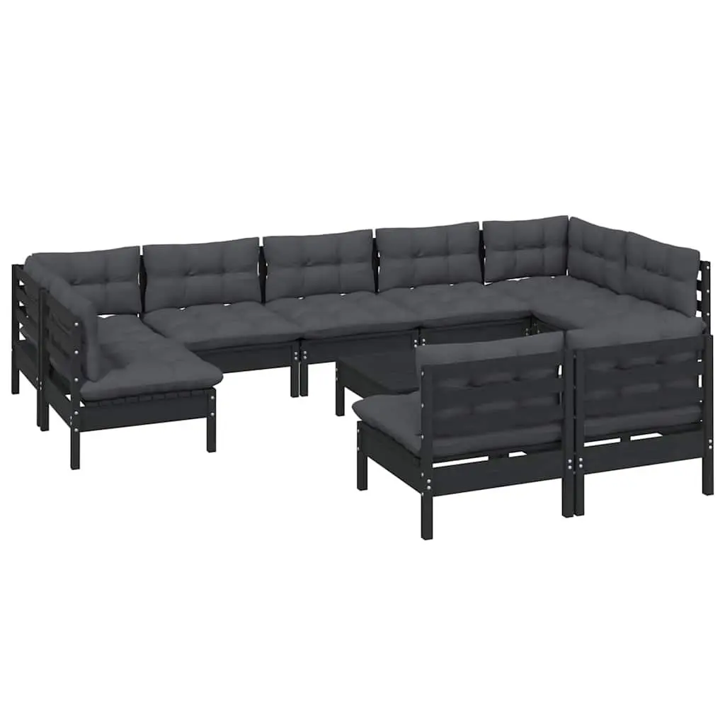 Black Solid Pinewood 10-Piece Garden Lounge Set