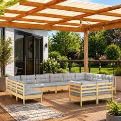 Durable 11-Piece Modular Garden Lounge Set with Grey Cushions