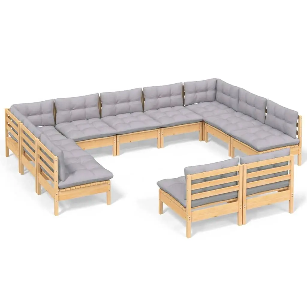 Garden Lounge Set Solid Pinewood 11 Piece Modular Outdoor Furniture Grey Cushions