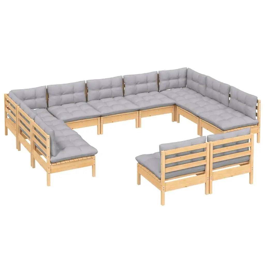 Garden Lounge Set Solid Pinewood 11 Piece Modular Outdoor Furniture Grey Cushions