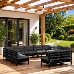 11 Piece Black Pinewood Garden Lounge Set with Cushions