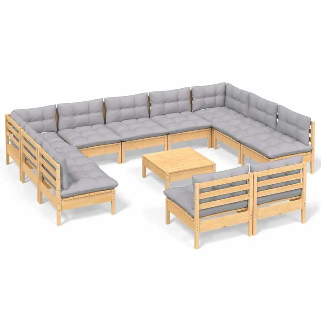 Garden Lounge Set Solid Pinewood 12 Piece Outdoor Furniture Grey Cushions