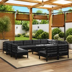 Durable Black Pinewood 12-Piece Garden Lounge Set
