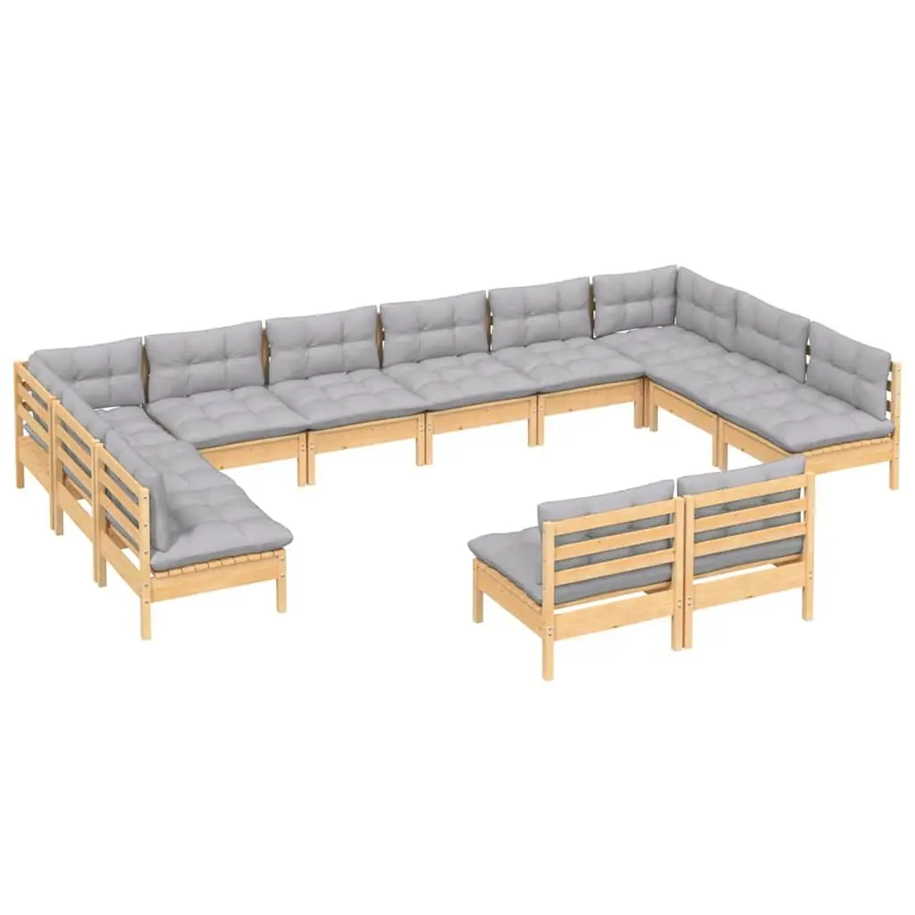 Garden Lounge Set Solid Pinewood 12 Piece Grey Cushions