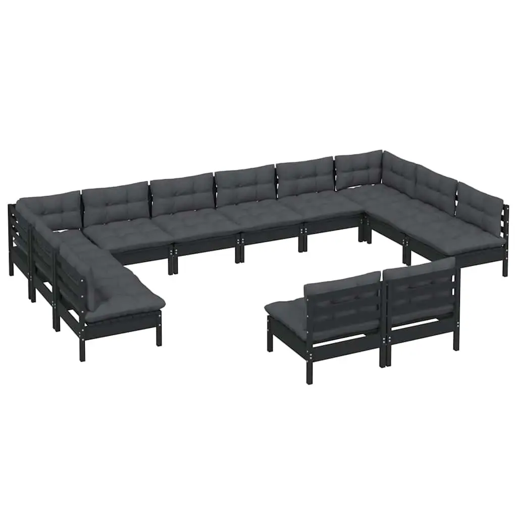 12 Piece Garden Lounge Set Solid Pinewood Black with Cushions