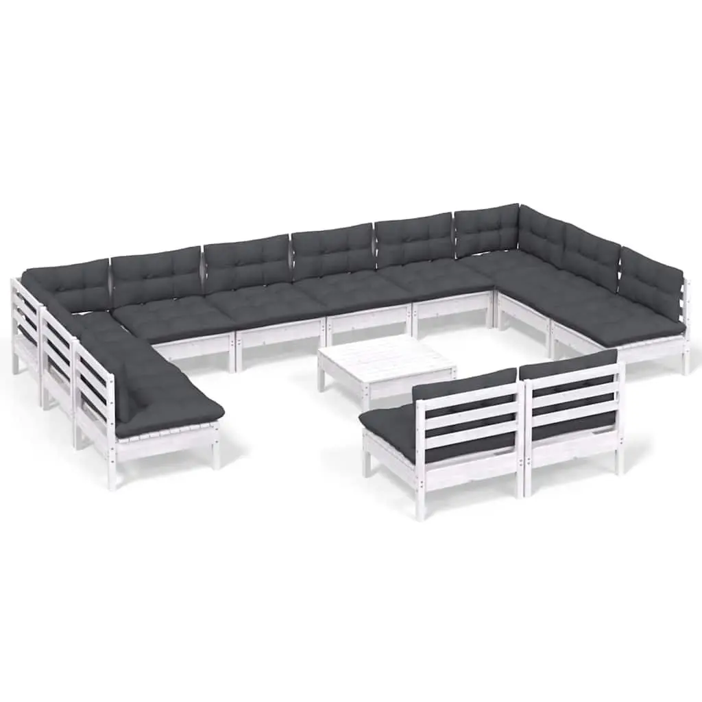 Garden Lounge Set Solid Pinewood 13 Piece White Patio Furniture with Cushions