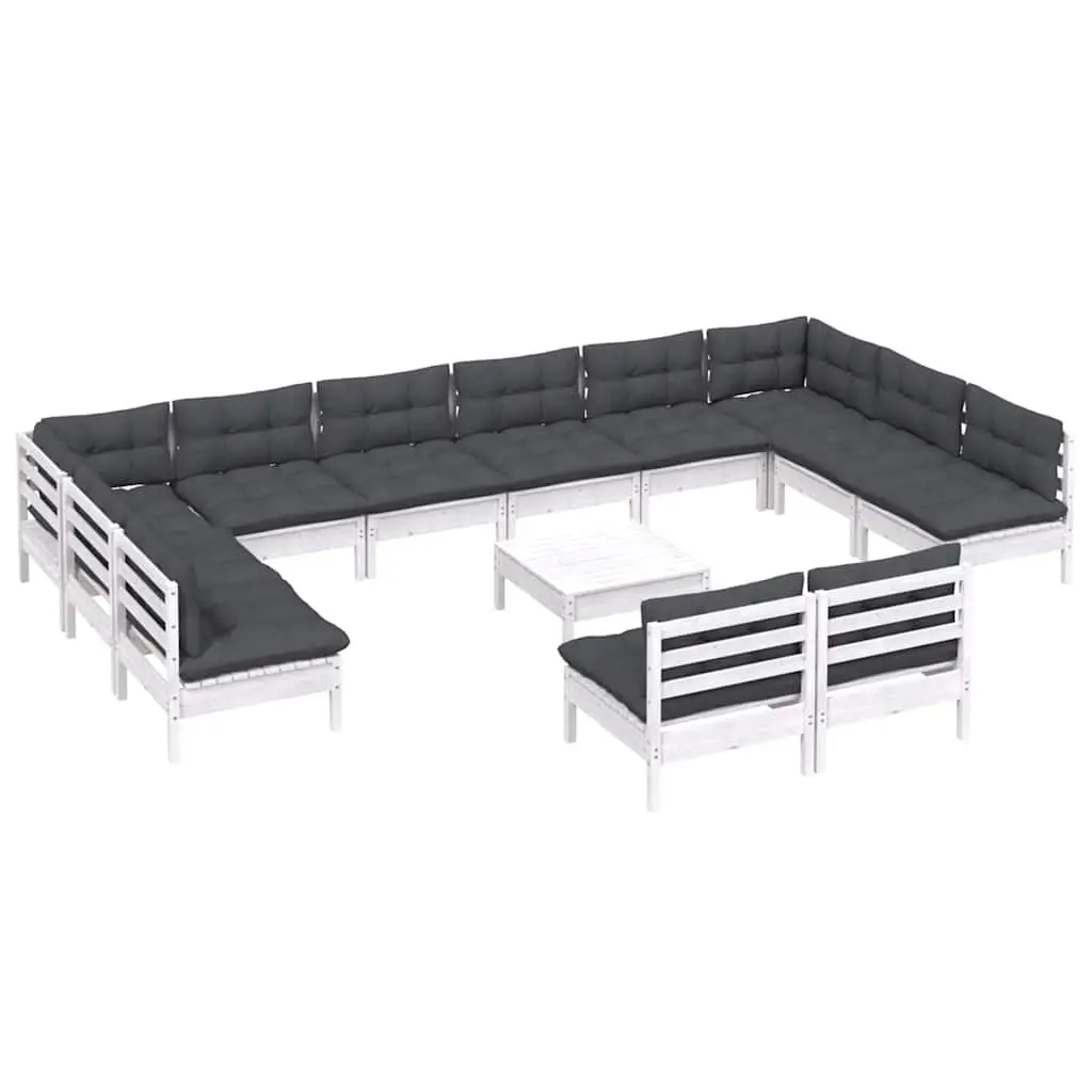 Garden Lounge Set Solid Pinewood 13 Piece White Patio Furniture with Cushions