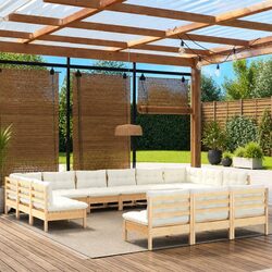 Premium 13-Piece Pinewood Garden Lounge Set with Cream Cushions