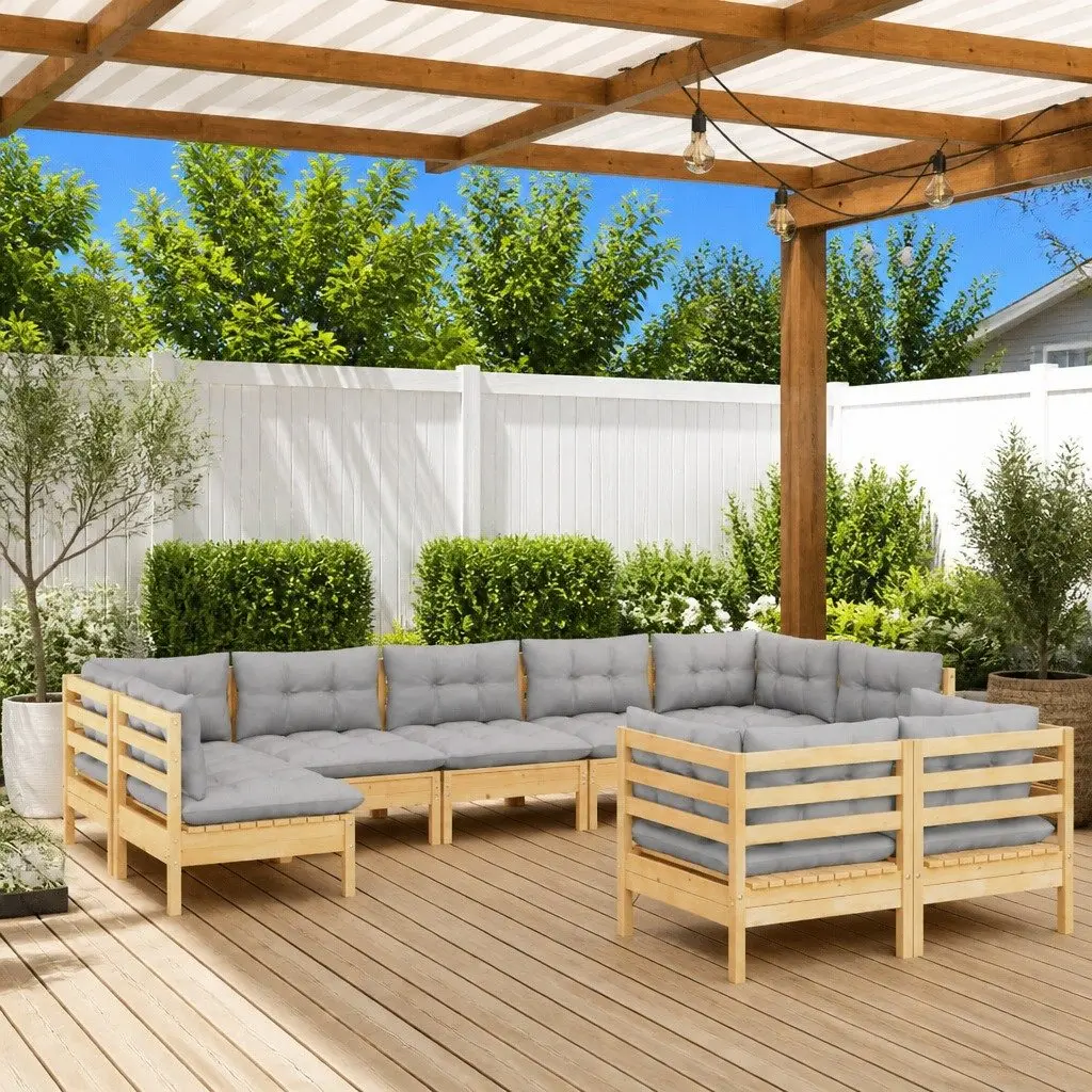 Garden Lounge Set Solid Pinewood 9 Piece Outdoor Patio Furniture Grey Cushions