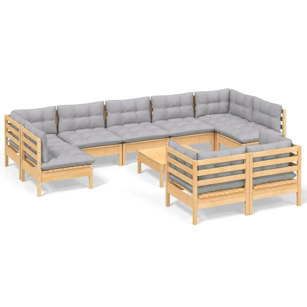 Garden Lounge Set Solid Pinewood 10 Piece Grey Cushions Modular
