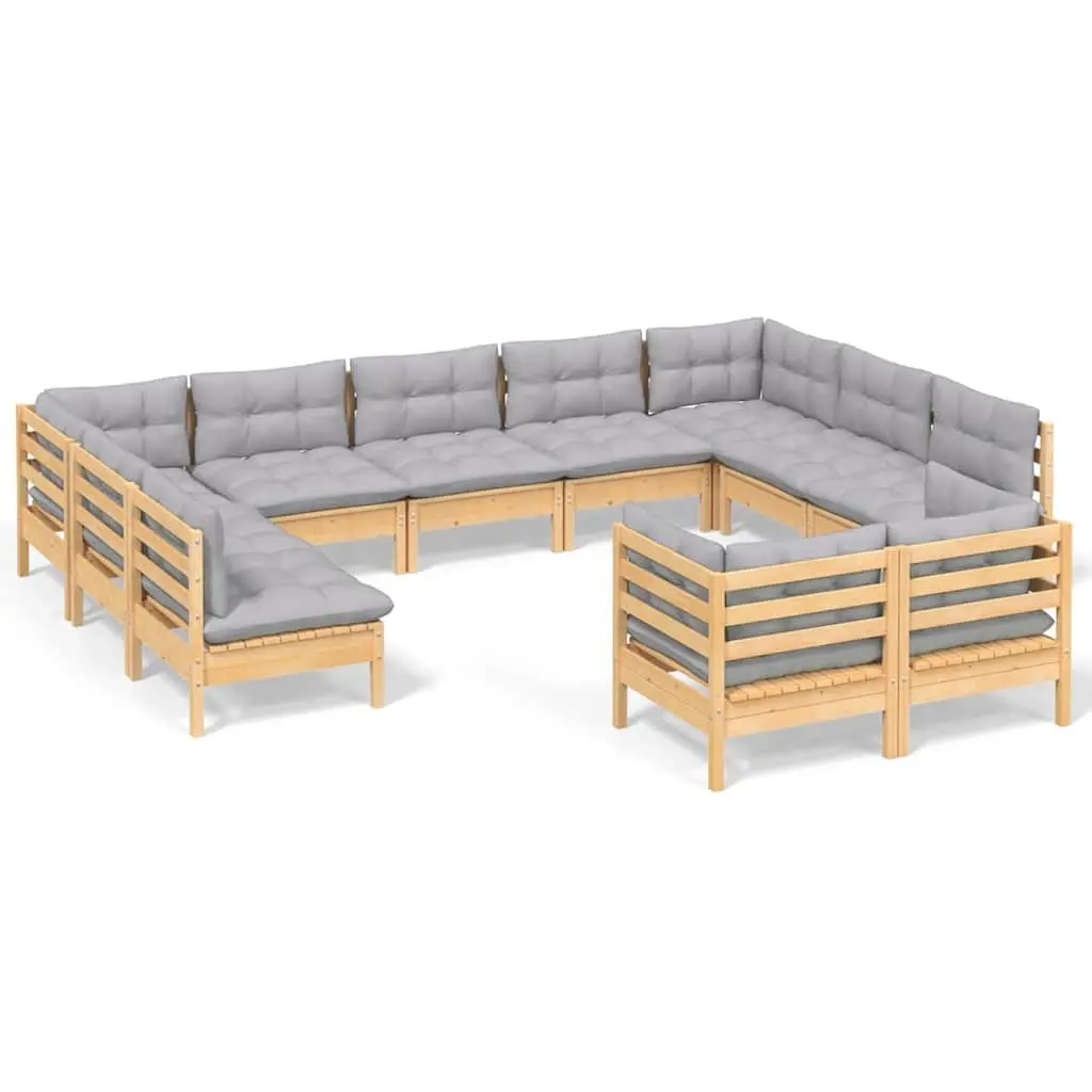 Garden Lounge Set Solid Pinewood 11 Piece Outdoor Patio Furniture Grey Cushions Modular