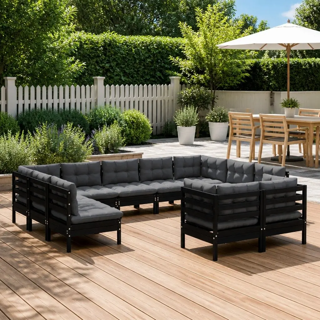 Garden Lounge Set Solid Pinewood 11 Piece Black Outdoor Patio Furniture