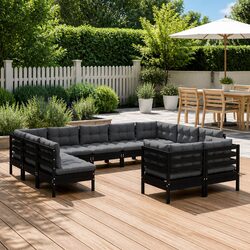 11 Piece Black Solid Pinewood Garden Lounge Set