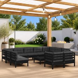 12-Piece Black Pinewood Garden Lounge Set with Cushions