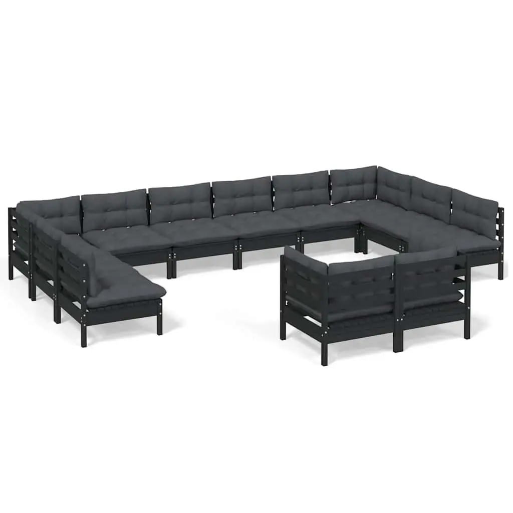 Garden Lounge Set Solid Pinewood 12 Piece Outdoor Furniture Black with Cushions
