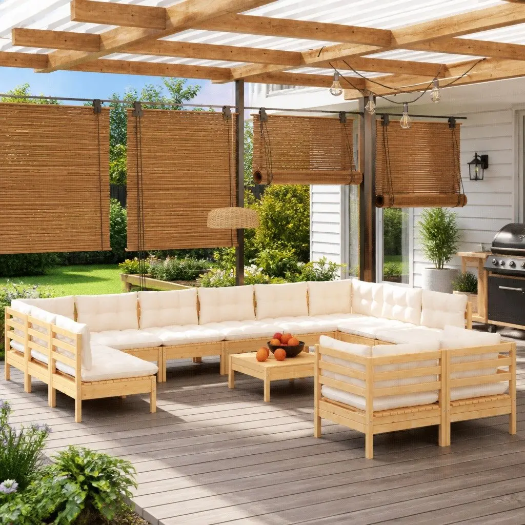 Garden Lounge Set Solid Pinewood 13 Piece Outdoor Patio Furniture with Cream Cushions