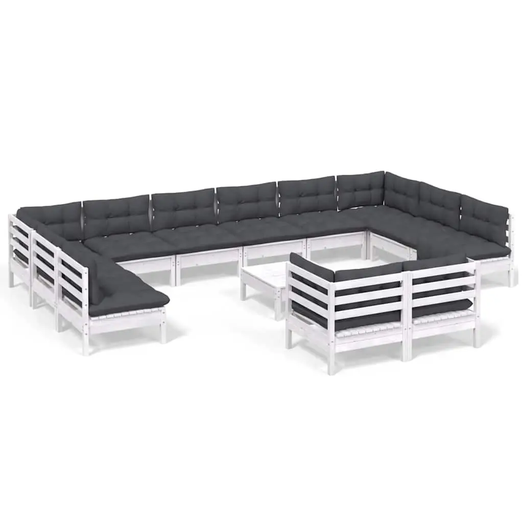 Garden Lounge Set Solid Pinewood 13 Pieces White Modular Patio Furniture with Cushions