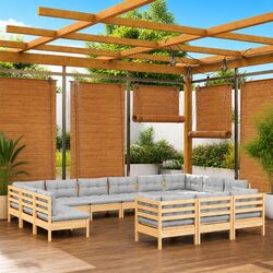 Durable 13 Piece Wooden Lounge Set with Grey Cushions