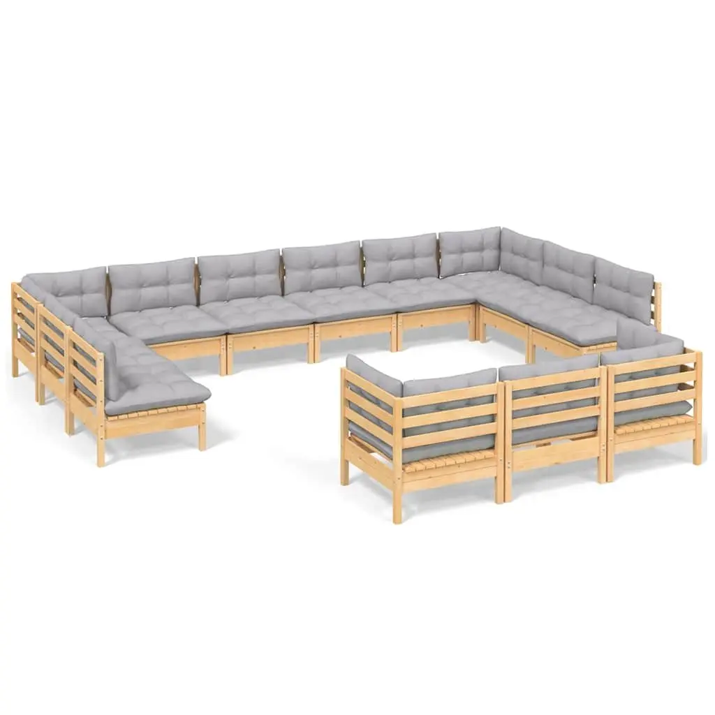 Wooden Lounge Set Solid Pinewood 13 Piece Outdoor Patio Furniture Grey Cushions