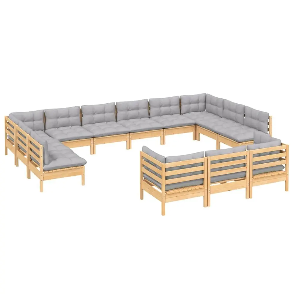 Wooden Lounge Set Solid Pinewood 13 Piece Outdoor Patio Furniture Grey Cushions