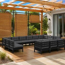 Durable 13-Piece Black Pinewood Garden Lounge Set