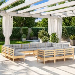 14 Piece Solid Pinewood Garden Lounge Set with Grey Cushions