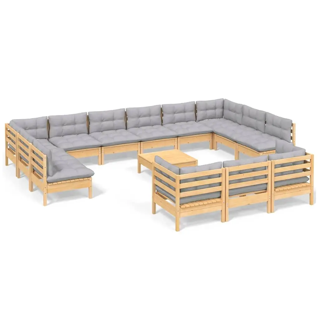 Garden Lounge Set Solid Pinewood 14 Piece Outdoor Furniture Grey Cushions