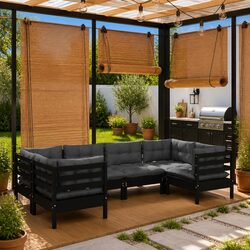 6 Piece Black Pinewood Garden Lounge Set with Cushions
