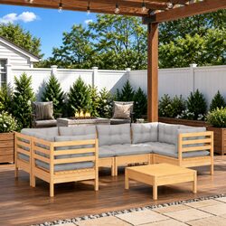 Durable 7-Piece Pinewood Garden Lounge Set with Grey Cushions