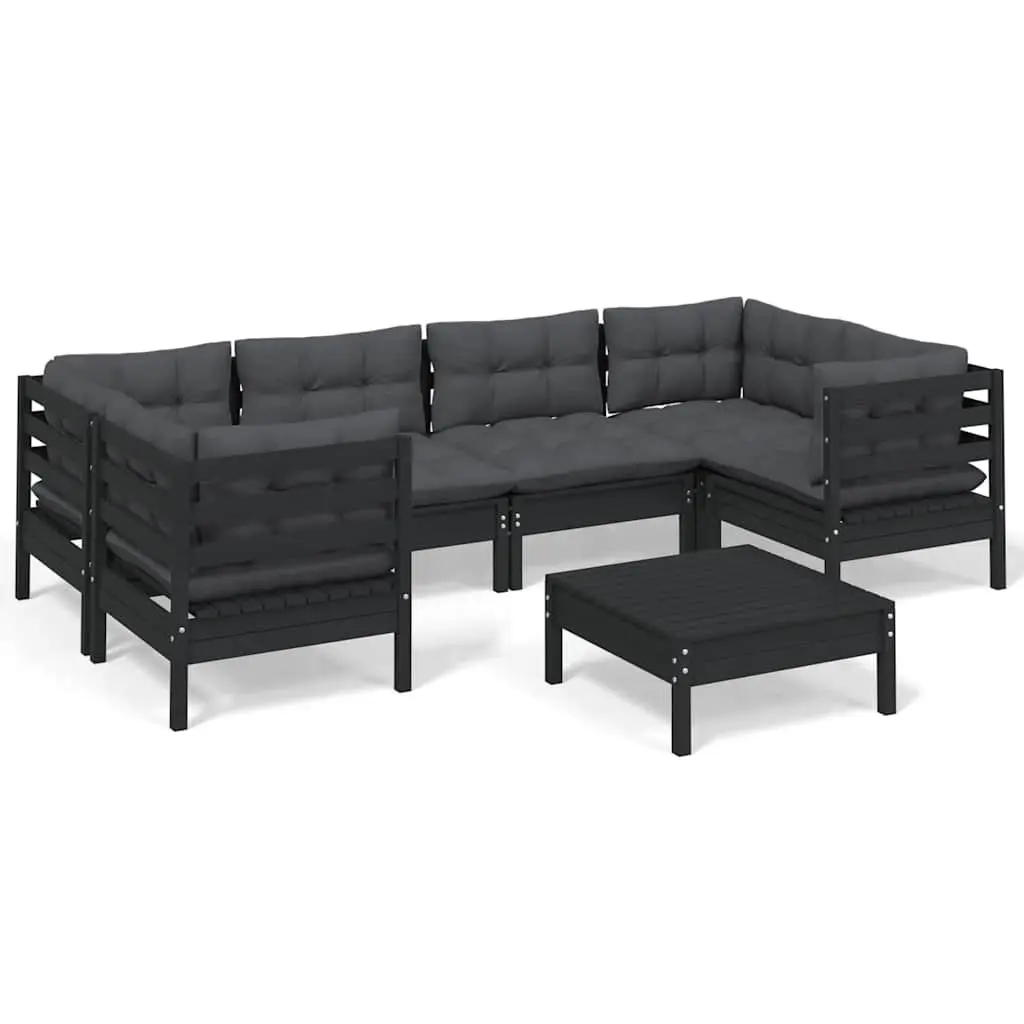 7 Piece Black Pinewood Garden Lounge Set for Outdoor Comfort