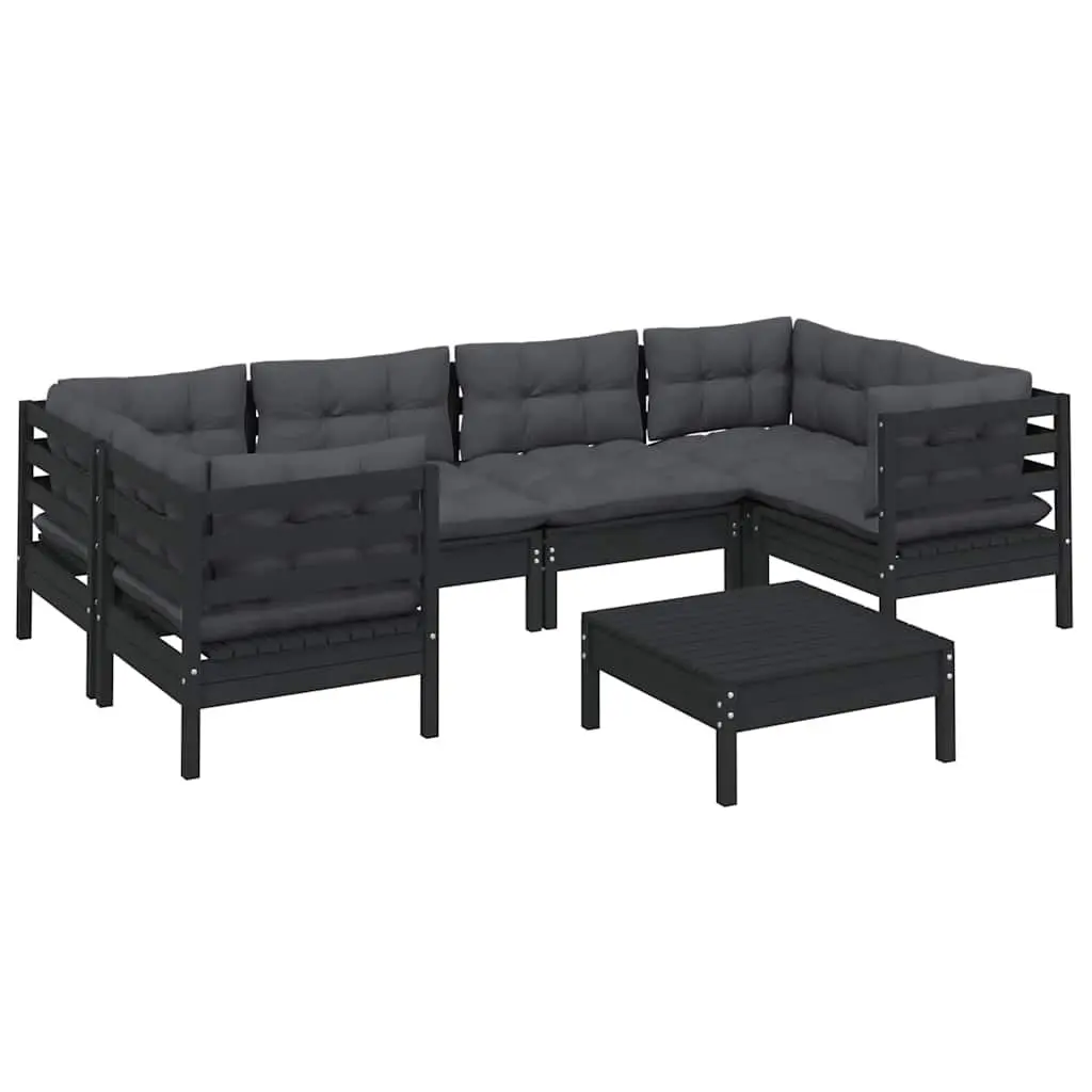 7 Piece Black Pinewood Garden Lounge Set for Outdoor Comfort