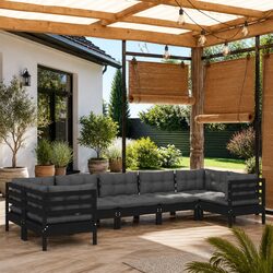 Durable 7 Piece Black Pinewood Garden Lounge Set