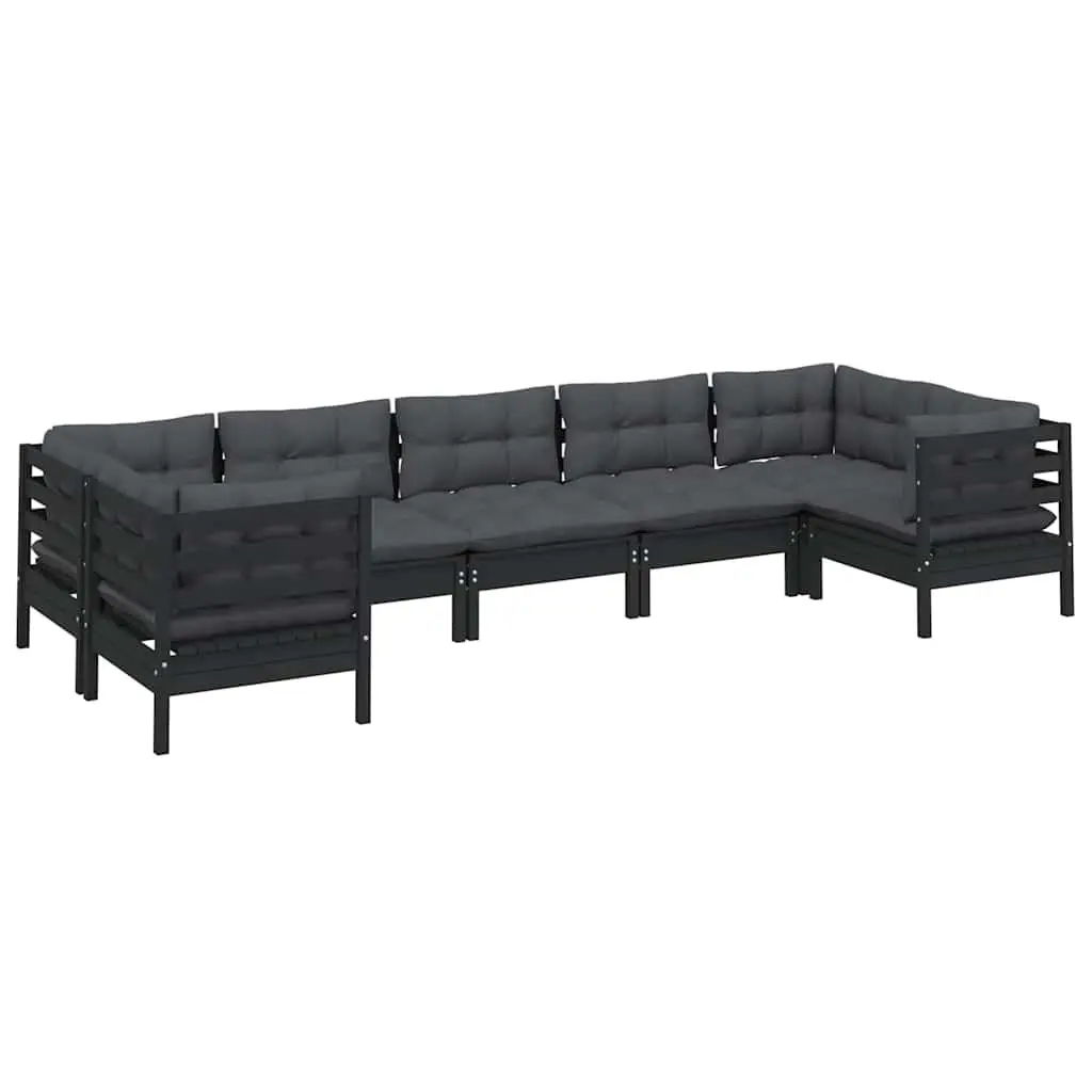 7 Piece Garden Lounge Set Pinewood Cushions Black