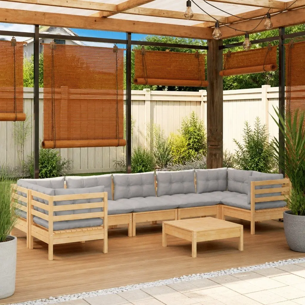 Garden Lounge Set Solid Pinewood 8 Piece Modular Patio Furniture Grey Cushions